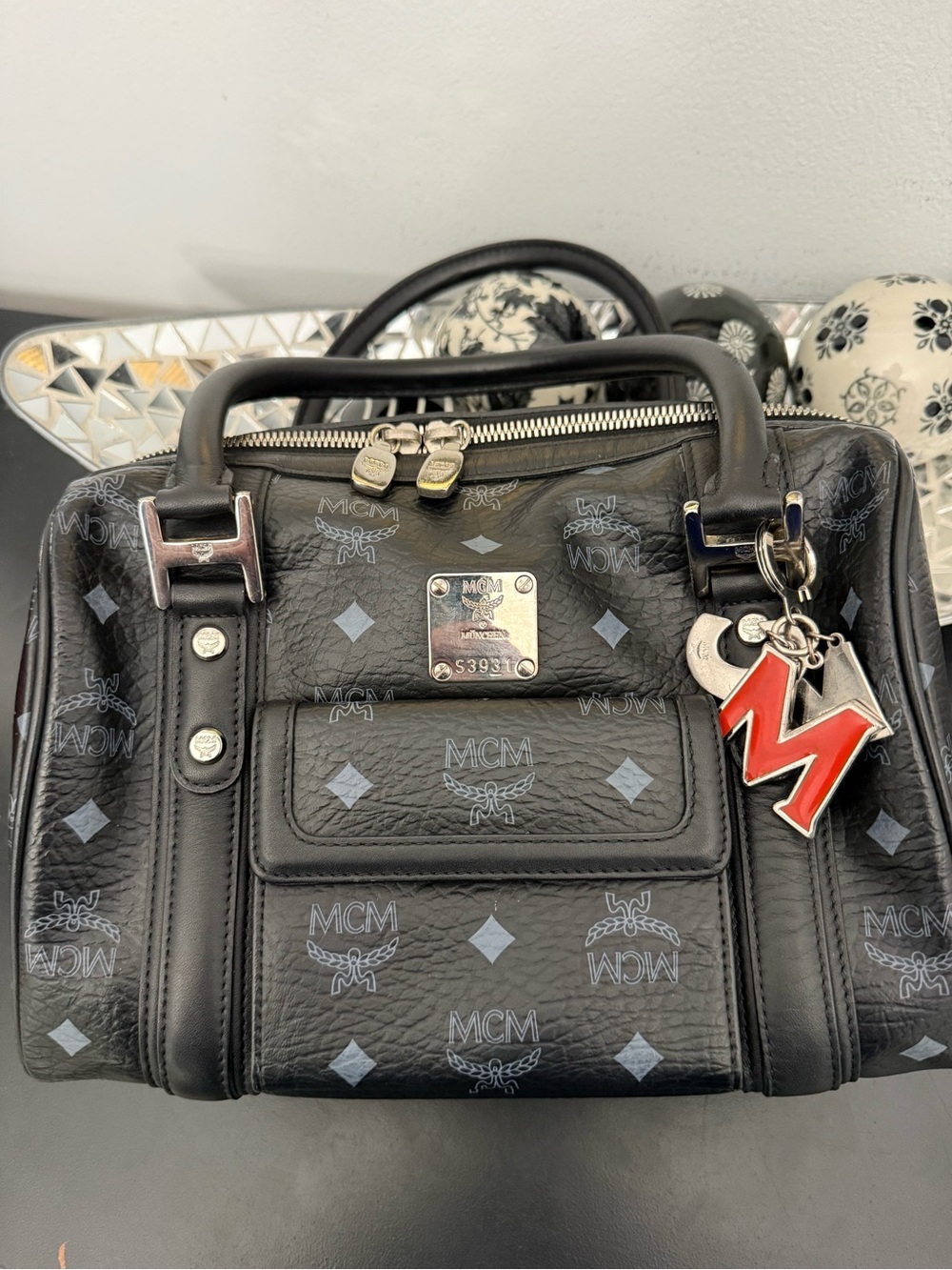 MCM Black Visetos Leather Tote with Logo Print